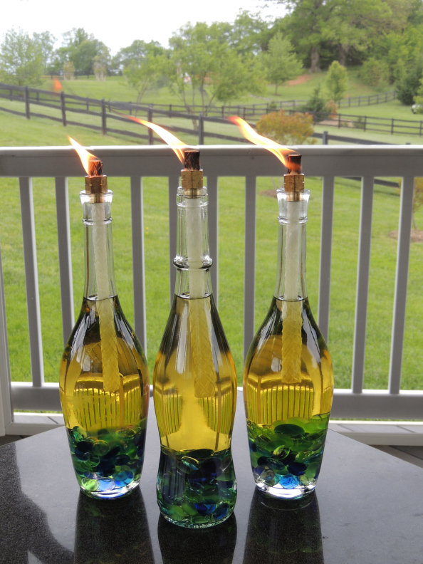 Wine bottle tiki torches