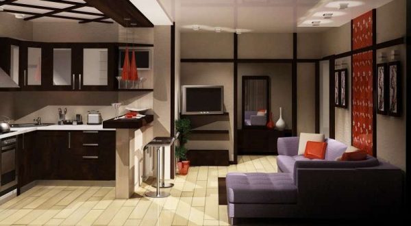 угловой диван и угловой кухонный гарнитур на совмещённой кухне с залом в хрущёвке