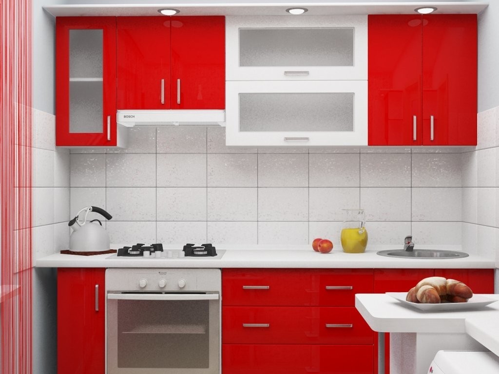 Белый фартук в кухне с красным гарнитуром