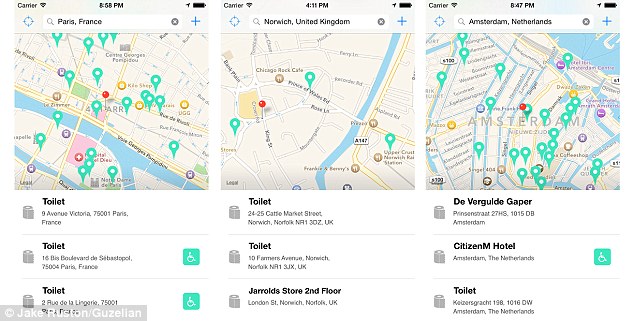 The Flush Toilet Finder app (pictured) uses a global database of 100,000 public toilets, and a phone’s GPS location, to find nearby public conveniences. Users can search for a location and pan the Google Maps to see nearby options, as well as add any public toilets that are missing from the database