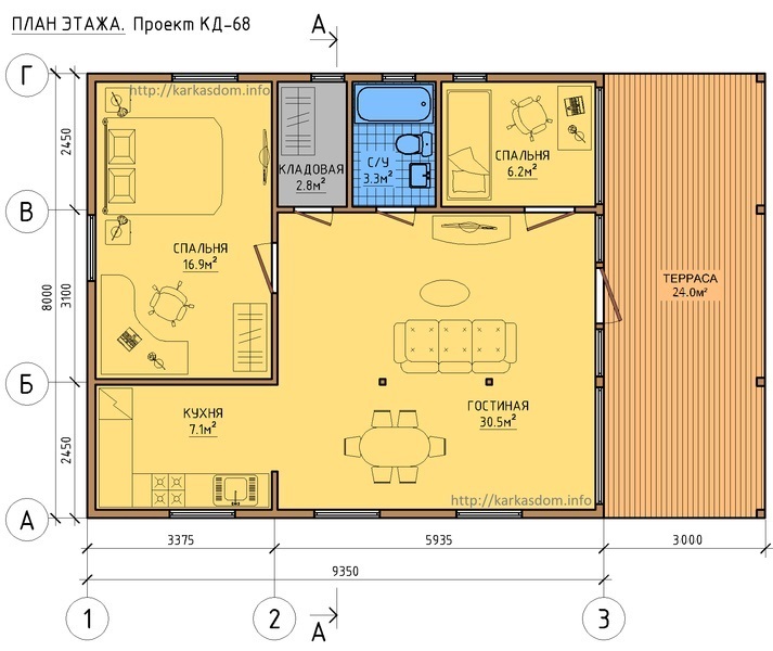 План каркасного дома 8х9м 74м/кв в один этаж с террасой.