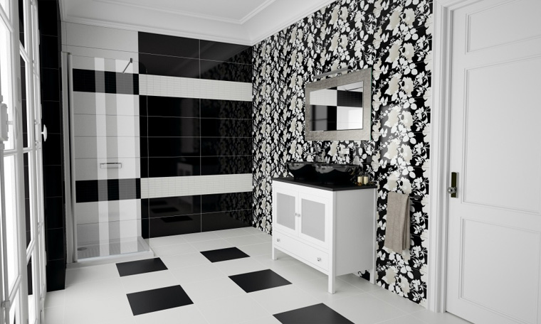 Черно-белая плитка в гламурной ванной комнате, фото