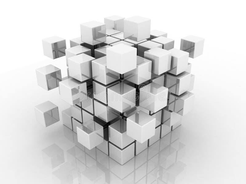 Abstract 3d illustration of cube assembling from blocks stock illustration