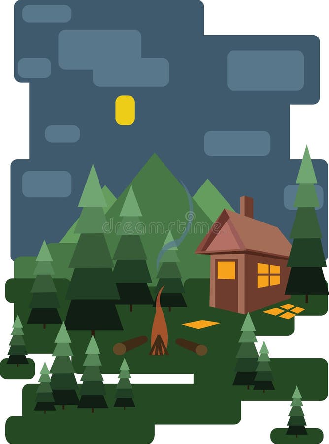 Abstract landscape design with green trees and clouds, a house in the forest and fire place at night, flat style. Digital vector image vector illustration