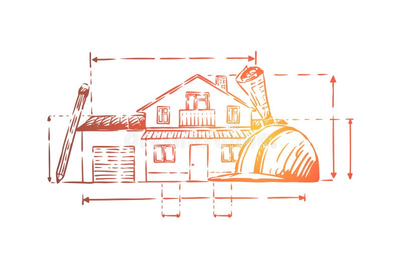 Architect profession attributes, cottage plan, hard hat, estate facade schematics, construction project vector illustration