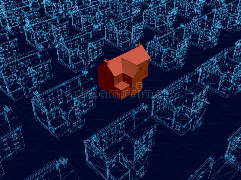 Background with wireframe houses of blue lines and a red house in the middle. View isometric. Vector illustration.  vector illustration
