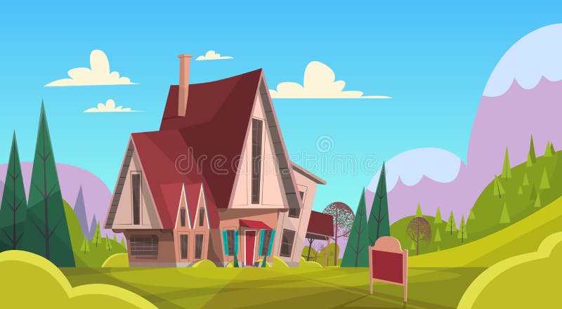 Big Village House Summer Landscape Green Grass Blue Sky Mountain Background. Flat Vector Illustration stock illustration