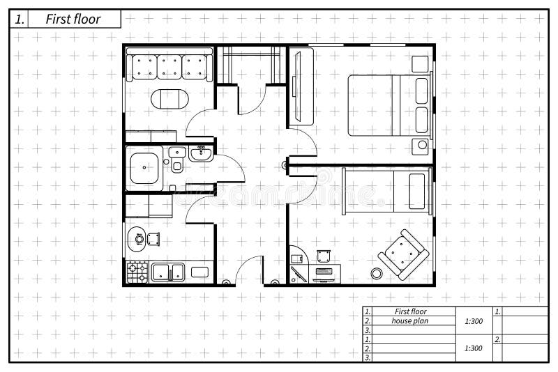 Black architecture plan of house in blueprint style vector illustration
