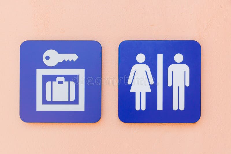 Blue sign or symbol of locker and toilet. In park stock photos