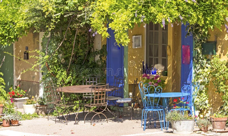 Cafe shop in French village. Provence. French village with sidewalk cafe, from Provence stock photo