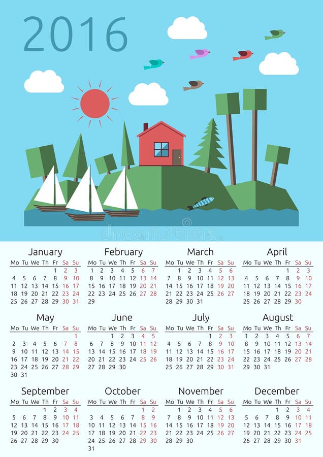 Calendar 2016, house, landscape. 2016 year calendar with house, sun, forest landscape on islands, sailing-boats, birds and fish. Week starts on Monday. Flat vector illustration