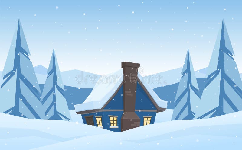 Cartoon cute house on Winter christmas mountains landscape background. Vector illustration: Cartoon cute house on Winter christmas mountains landscape background royalty free illustration