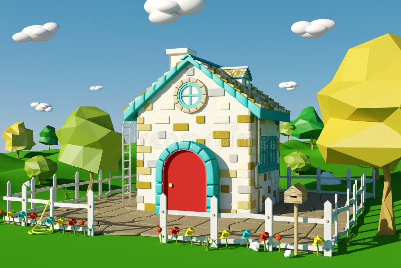 Cartoon house with countryside landscape in spring or summer. 3D rendering royalty free illustration