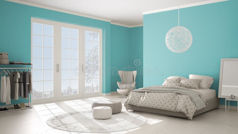 Colored modern turquoise and beige bedroom with wooden parquet floor, panoramic window on winter landscape, carpet, armchair and. Bed with blanket and pillows royalty free stock image