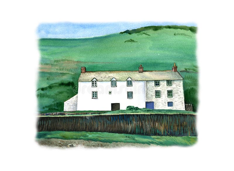 Cornish traditional house, England. Watercolor hand drawn landscape with white frame. Touristic view for cards, booklets or other design stock illustration