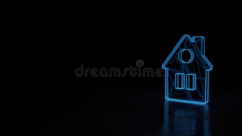 3d glowing wireframe symbol of symbol of house  isolated on black background. 3d techno neon blue glowing wireframe with glitches symbol of house with roof royalty free illustration