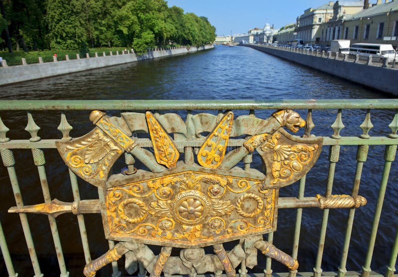 Decorative fence Panteleymonovsky Bridge, Fontanka River, St Petersburg royalty free stock images