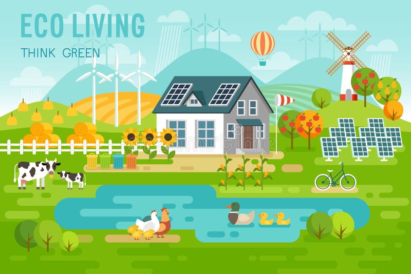 Eco living landscape with eco house and farm animals. Vector illustration stock illustration