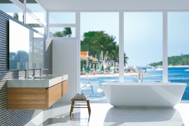 Elegant bathroom with panoramic window. 3d render. Elegant bathroom with panoramic window. 3d render stock photography