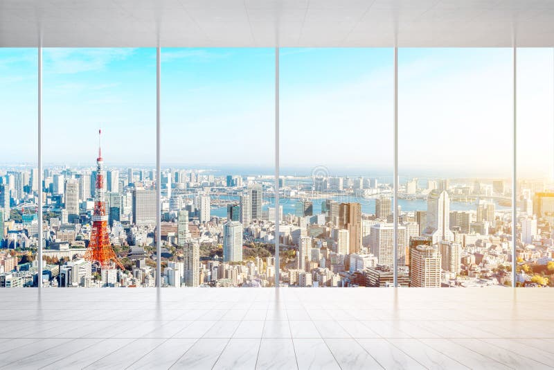 Empty marble floor and window with panoramic city skyline of Tokyo, Japan for mock up. Business and design concept - empty marble floor and window with panoramic stock photos