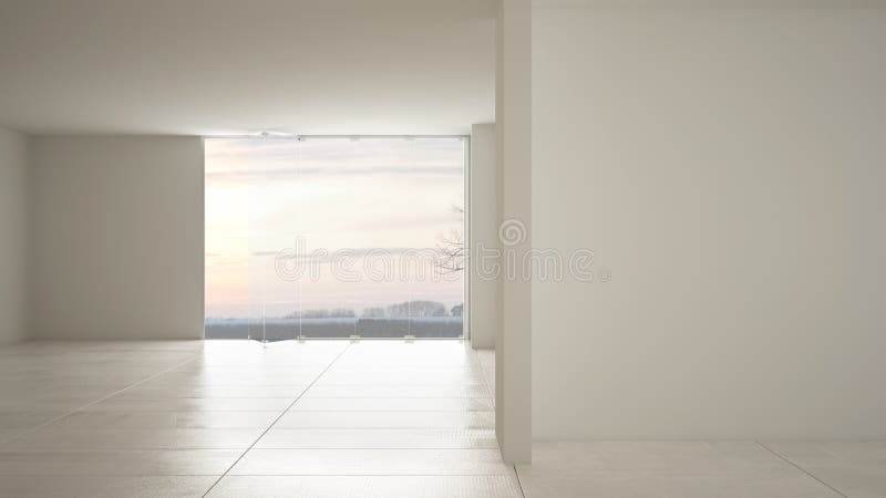 Empty room interior design, open space with big panoramic window on winter meadow with snow, cream marble tiles floor, modern. Contemporary architecture royalty free stock photography