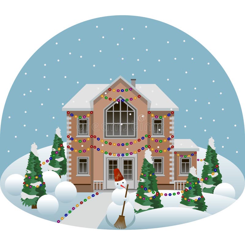 Family manor house in cartoon winter landscape scene decorated for Christmas. Or New Year. House and trees in snow, sidewalk, funny snowman, snowfall.  Vector royalty free illustration