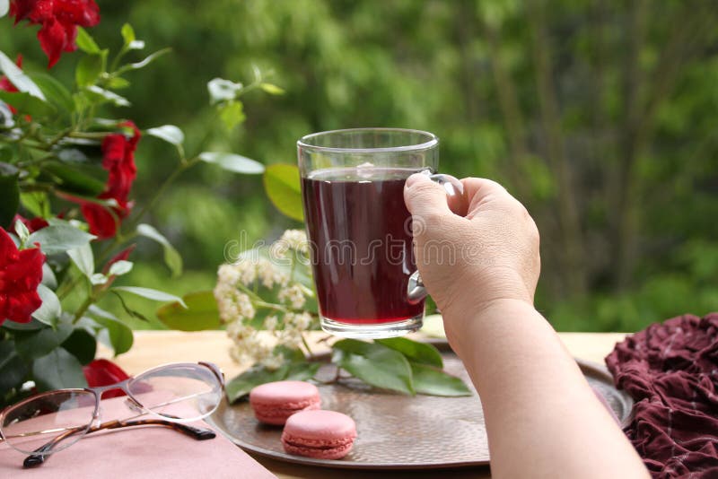 Female hand holds pomegranate, cherry juice, fruit drink in a glass mug, French pasta cake in the garden, clematis flowers, green. Foliage, concept lifestyle stock photos