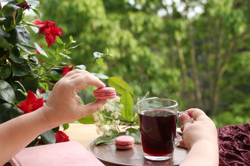 Female hands holding pomegranate, cherry juice, fruit drink in a glass mug and French pasta in the garden, flowers of climbing. Plant clematis, concept royalty free stock photo