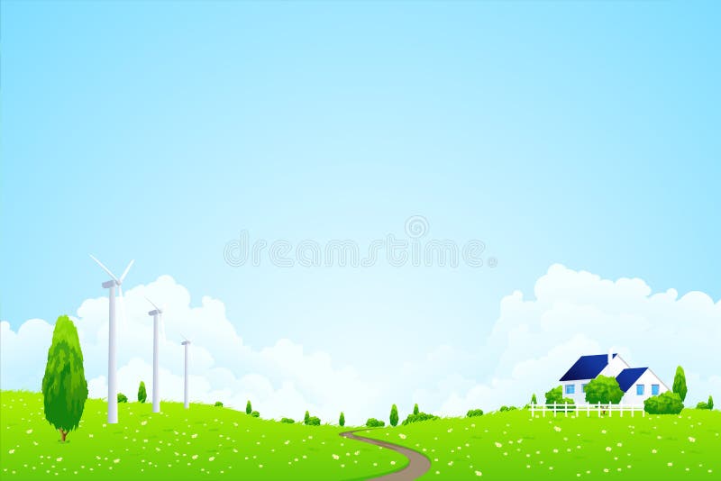 Green Landscape with house. Clouds flowers and wind power station royalty free illustration