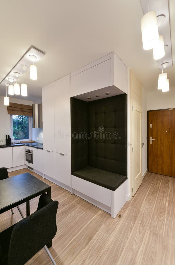 Hotel apartment kitchen area. Modern compact hotel apartment interior with kitchen, self-catering royalty free stock photos