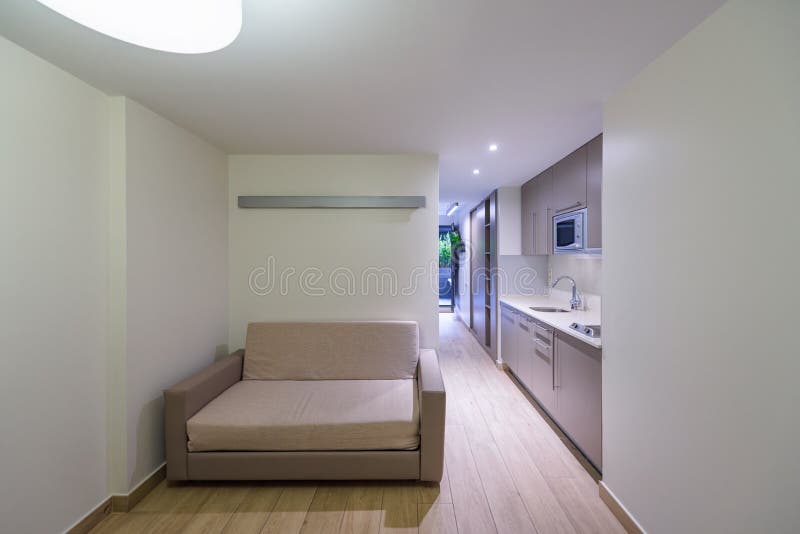 Hotel apartment with kitchen interior. Classic compact hotel apartment interior with kitchen, self-catering royalty free stock photography