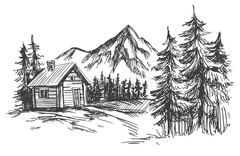 House in mountain landscape hand drawn vector illustration sketch. House in mountain landscape hand drawn vector illustration realistic sketch stock illustration