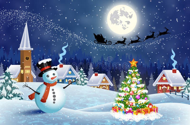 House in snowy Christmas landscape at night. A house in a snowy Christmas landscape at night. christmas tree and snowman. background with moon and the silhouette vector illustration