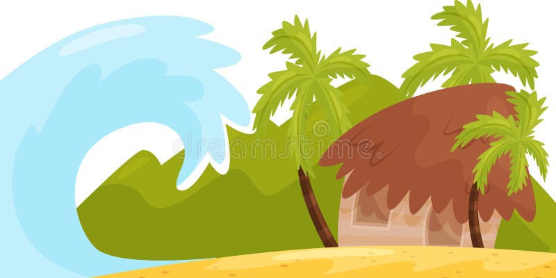 Huge ocean wave near coast of tropical island. Small house on the beach. Tsunami disaster. Natural landscape. Flat. Huge ocean wave near coast of tropical island vector illustration