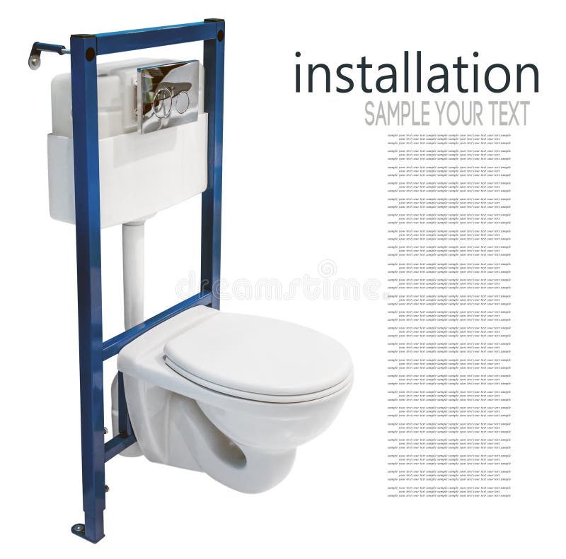 Installation of the toilet and the tank for embedding in the wall. Isolated on white background. Text delete stock photo