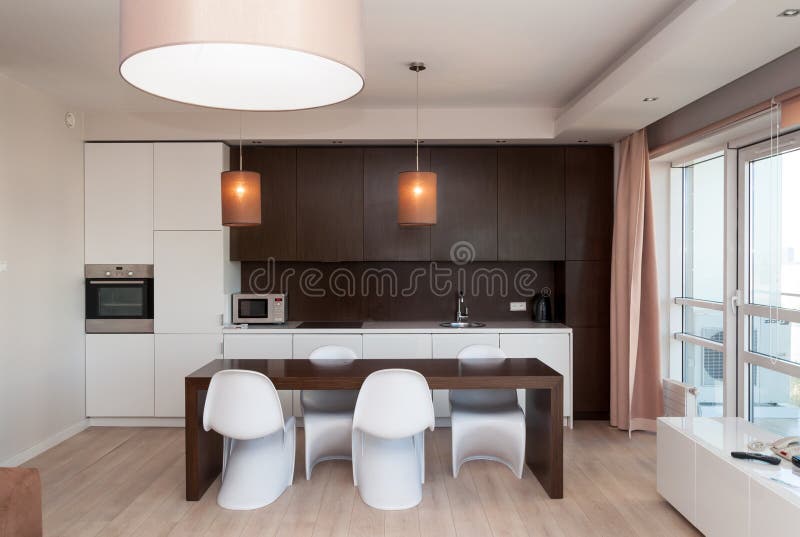 Kitchen in hotel apartment. Modern kitchen interior in hotel apartment stock photography