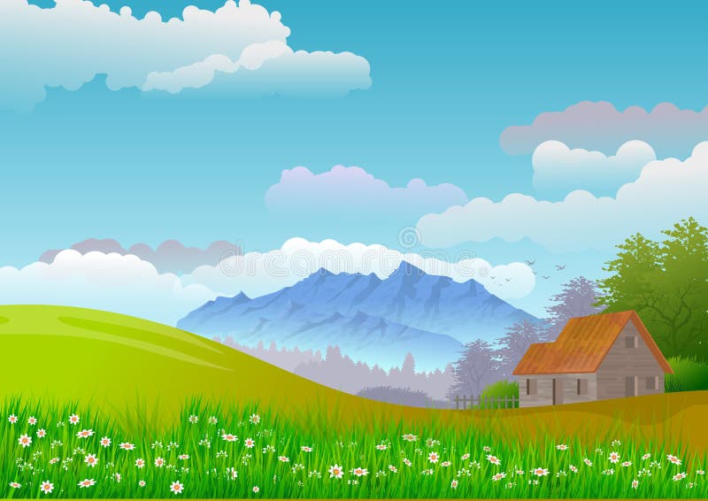Landscape with sky with clouds, mountains, trees and a small country house. Illustration. Digital art. Wallpaper or background vector illustration