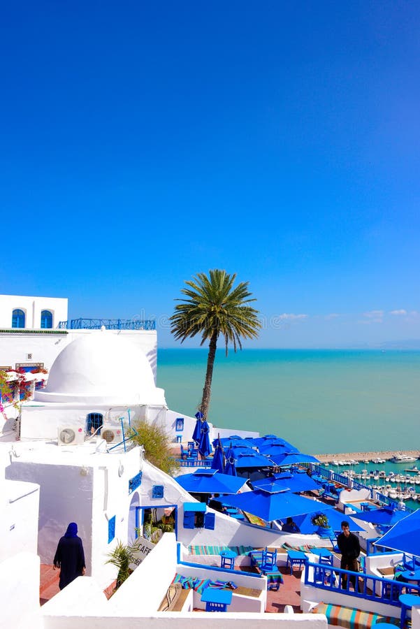 Sidi Bou Said, White and Blue Cafe Terrace, Mediterranean Sea. Tradicional tunisian terrace café with white buildings with blue doors and window shutters at royalty free stock photography