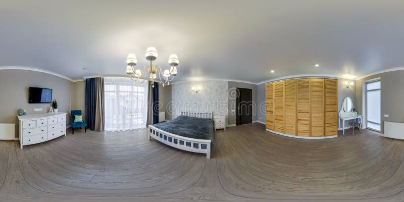 MINSK, BELARUS - AUGUST, 2018: full seamless spherical hdri panorama 360 degrees angle view in  interior of big bedroom of modern stock images