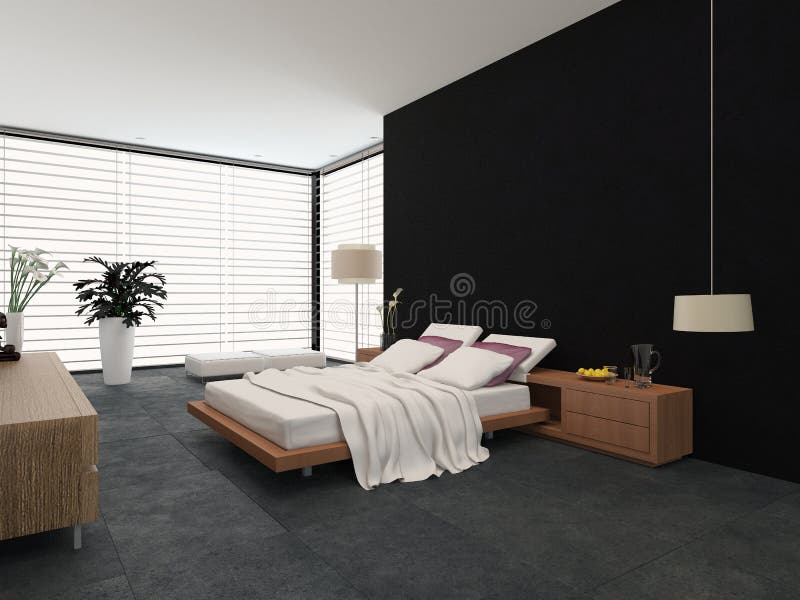 Modern bedroom with black and white decor stock illustration