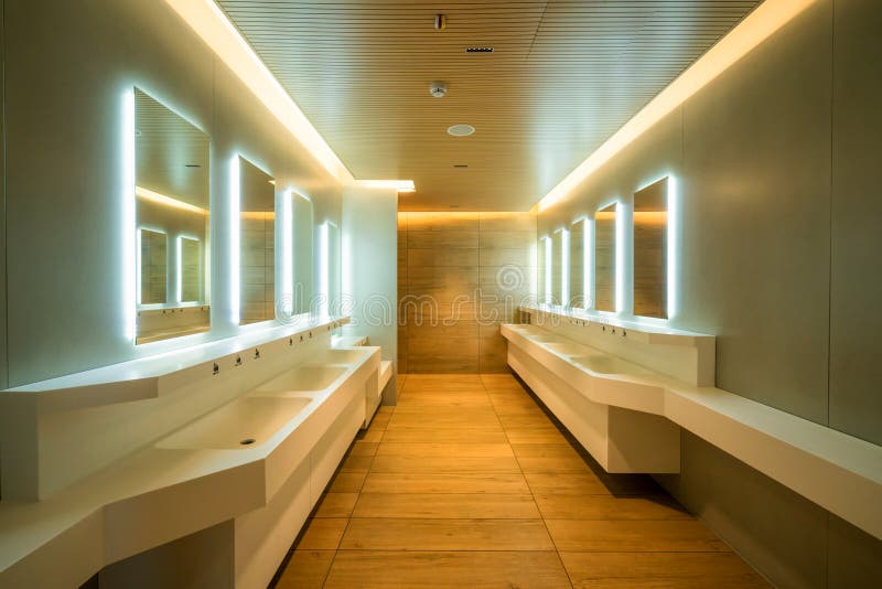 Modern design of public toilet and restroom. Luxury interior stock photo