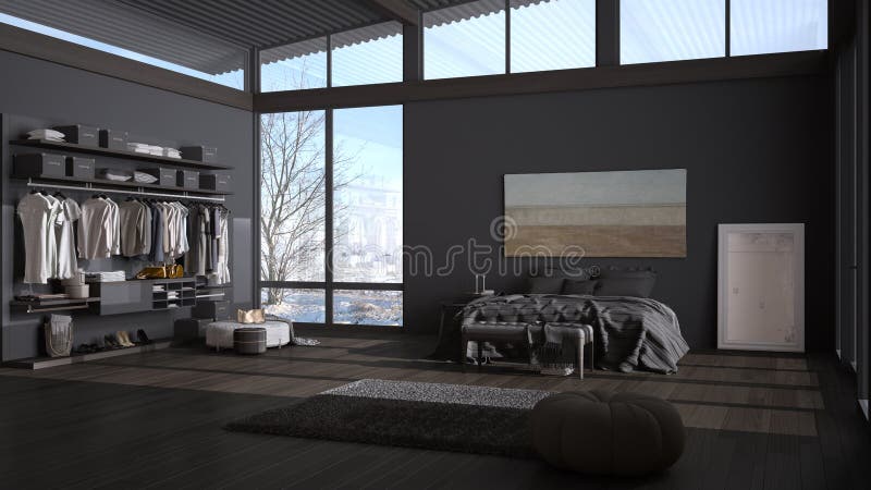 Modern gray and wooden bedroom, bed and walk-in closet, parquet, carpet, pouf and decors, corrugated sheet roof, panoramic windows royalty free stock photography