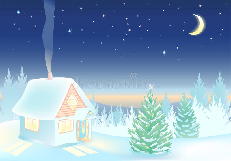 Night Winter landscape with house and forest. Winter landscape with house and forest. Night sky with the moon and stars. Hut with lighted windows. Background vector illustration