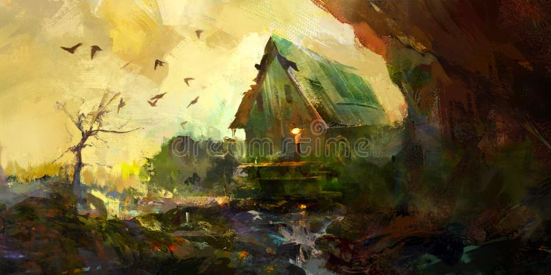 Painted autumn landscape with house. Art autumn landscape with house vector illustration