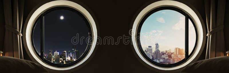 Panoramic circle window with modern buildings city at night and day in sunrise stock images