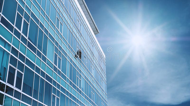 Panoramic Modern Building Facade with one opened Window, on blue sky with bright sunshine. Panoramic Modern Building Facade with one opened Window , on blue sky stock photos