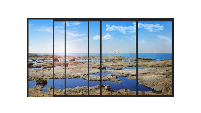 Panoramic modern window with a stones and sea landscape. Isolated panoramic 4 parts sliding modern aluminum window with stones and little lakes royalty free stock photos