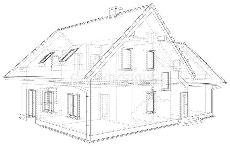 Perspective wireframe of house exterior. Vector created of 3d. Perspective wireframe of house exterior. Vector created of 3d stock illustration