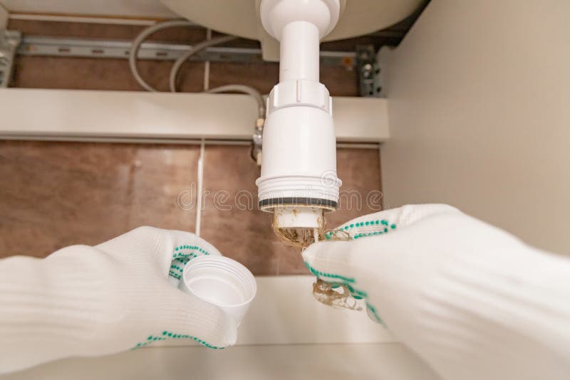 Professional male plumber eliminates blockage in siphon of sink drain pipe.  stock photo
