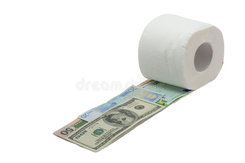 Roll of toilet paper and money isolated on white background stock photo